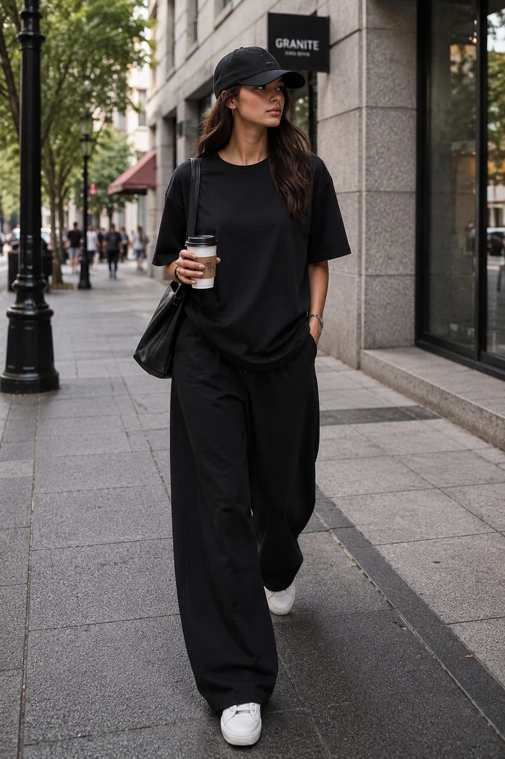 A woman walking towards the camera down a tree-lined pavement in an all-black outfit with white low-top trainers