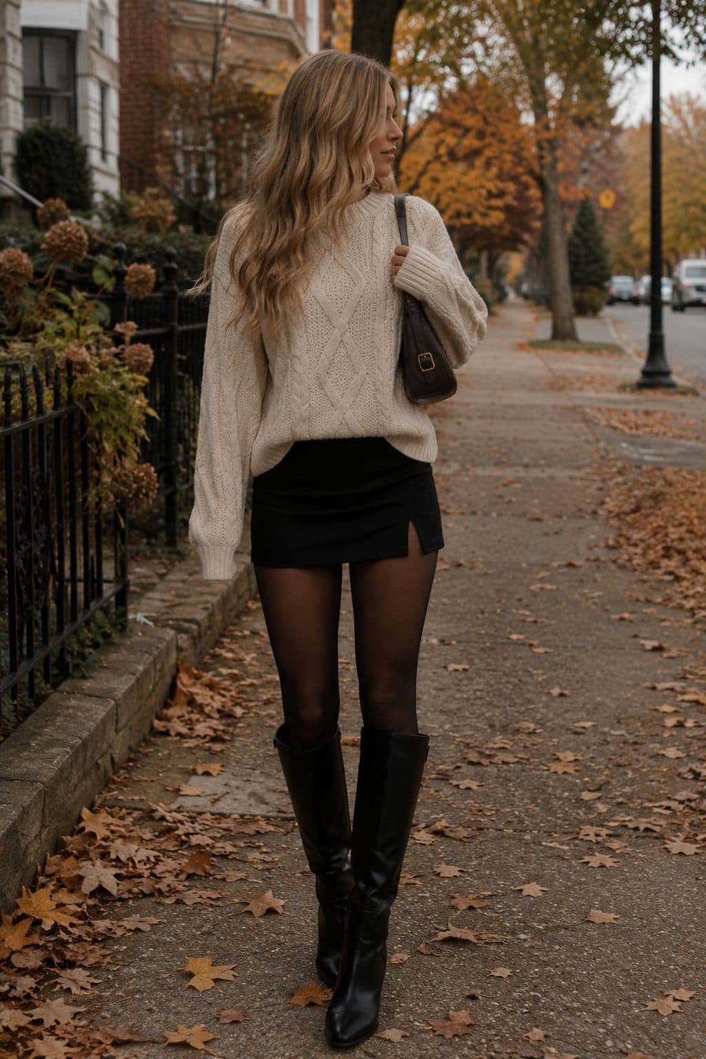 A woman walking away down a leaf-covered pavement in a cream cable knit, a black mini skirt, sheer tights and black knee-high boots