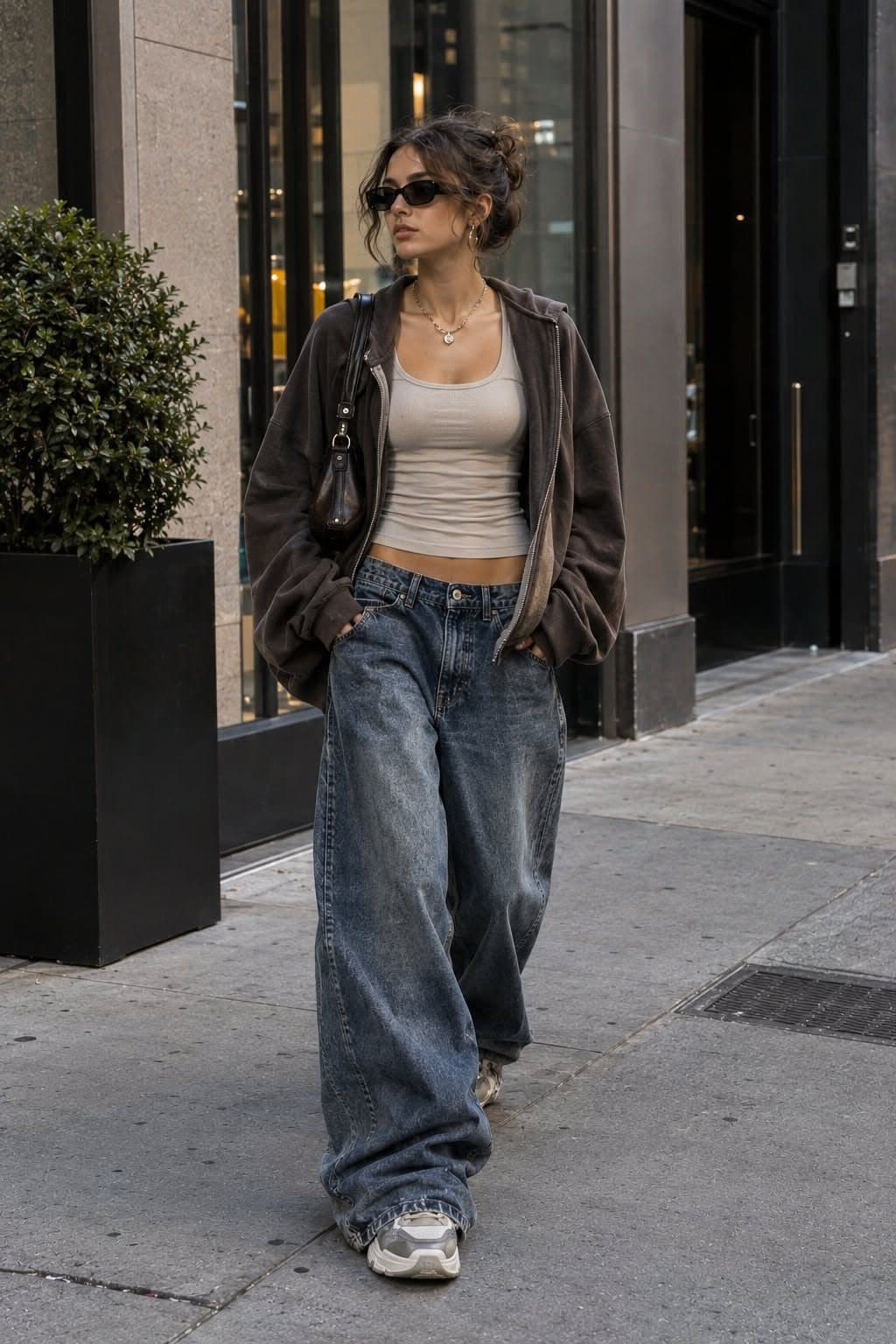 A woman walking past a shopfront in a brown bomber jacket, a cream vest top, baggy blue jeans and grey trainers