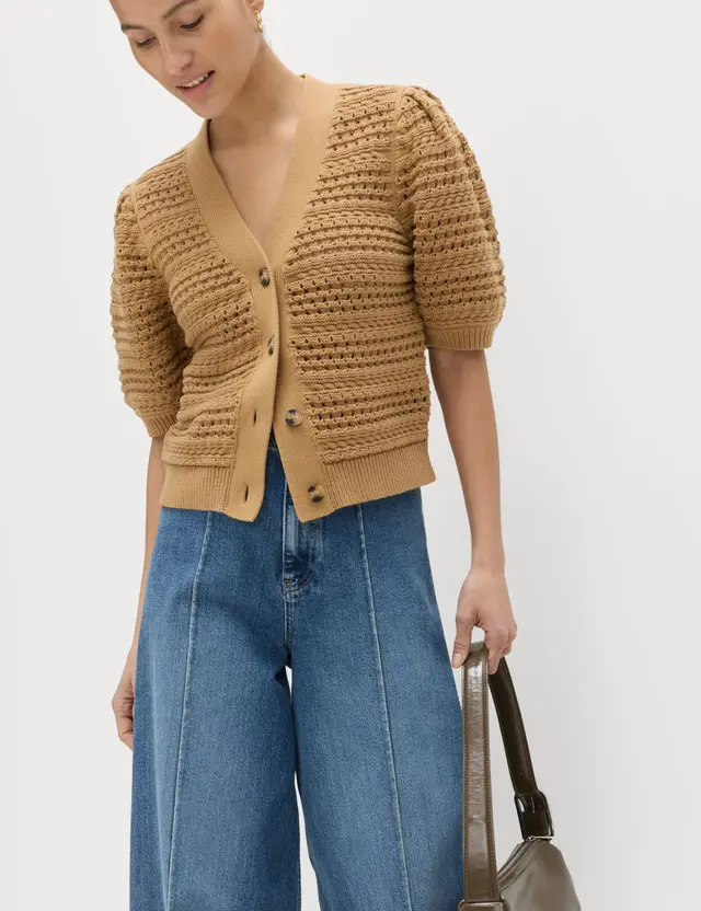 Pure Cotton Puff Sleeve Cropped Cardigan